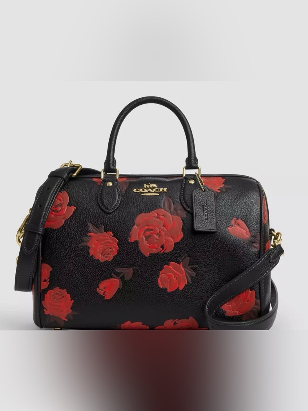 NWT Coach Large Black Leather Satchel with Red Roses